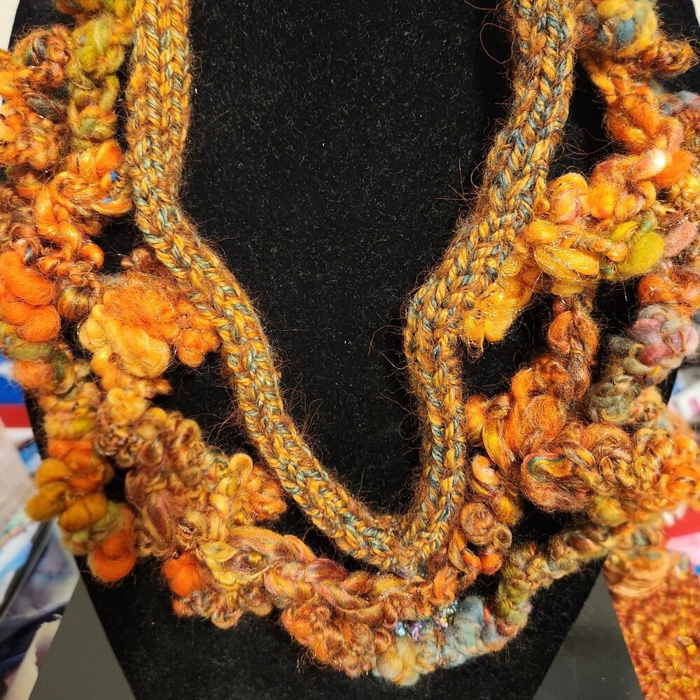 Necklace, freeform, handmade soft, light high-quality fibers. 26inches long.